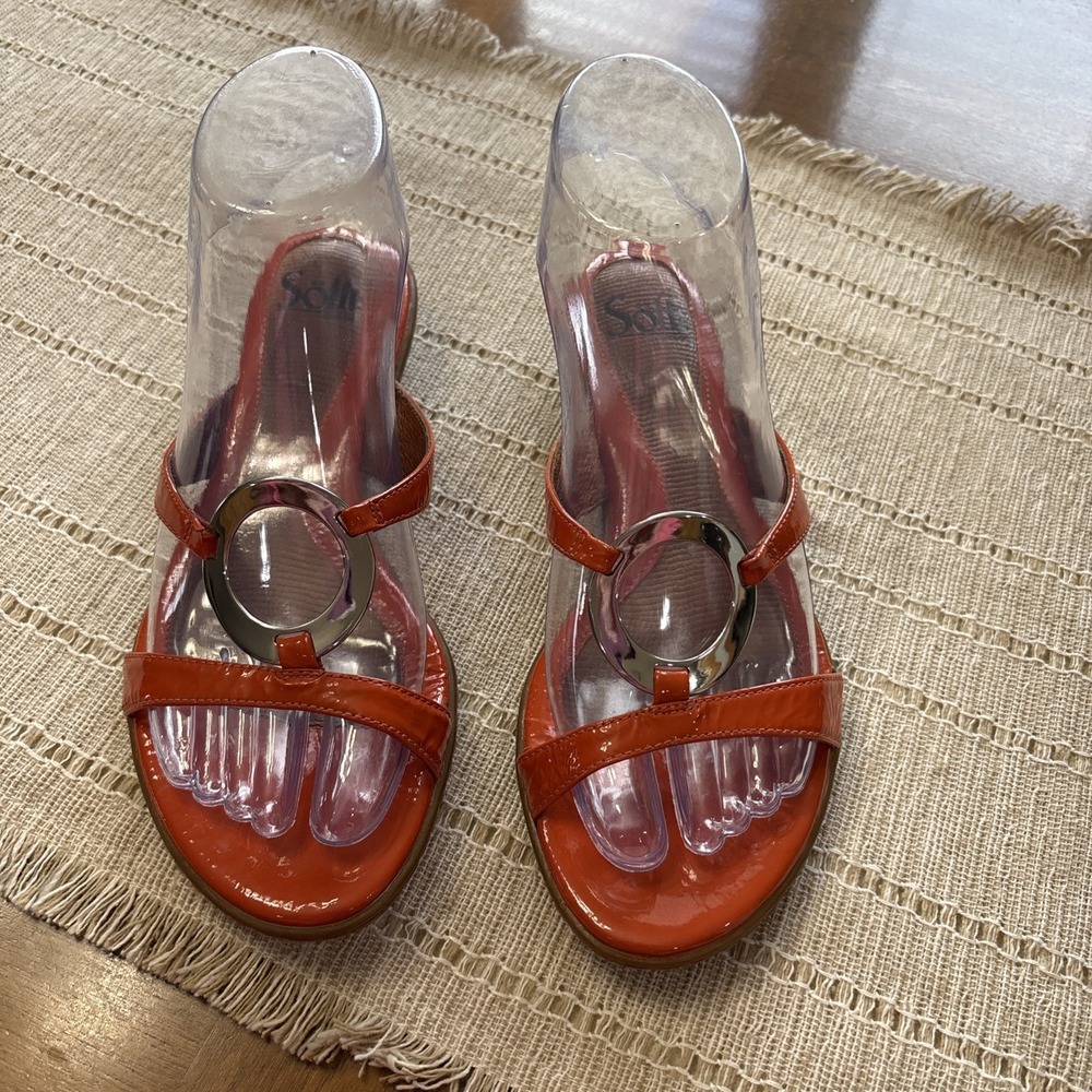 Sofft Patent Leather Ring Slip On Open Toe Slide Sandals Orange Women's Size 6‎